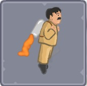 El Escape del Chapo: a cartoon character in a tan suit flying with a jetpack