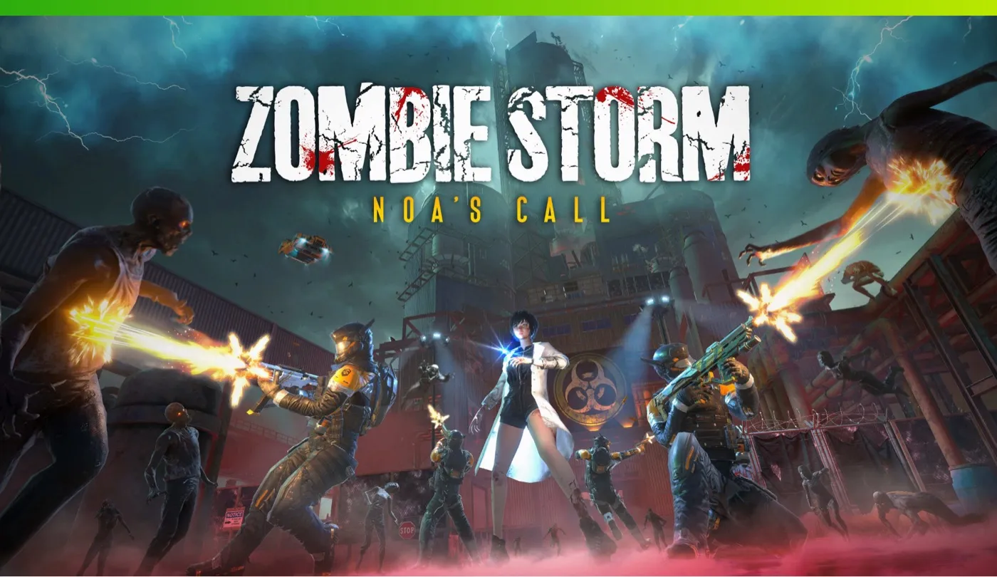Zombie Storm key art: a squad in combat armor shooting zombies outside an abandoned factory